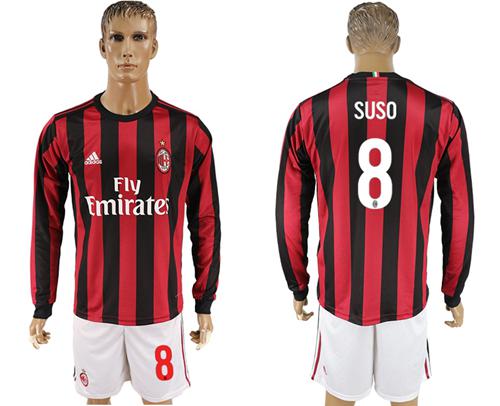 AC Milan #8 Suso Home Long Sleeves Soccer Club Jersey - Click Image to Close